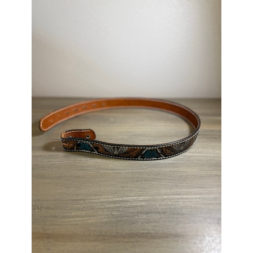 Vintage Tooled Cowhide Leather Belt Eagle/Floral Teal 26 Waist - Picture 12 of 12